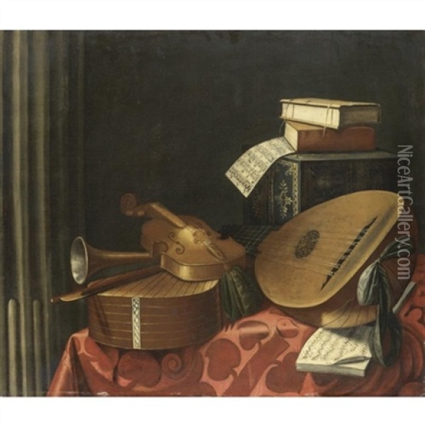 Natura Morta Con Strumenti Musicali, Libri, Spartiti E Una Scatola Intarsiata Su Un Tavolo Oil Painting - Evaristo Baschenis