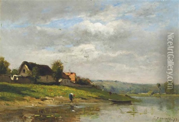 A Cottage On A River Bank Oil Painting - Pierre Emmanuel Eugene Damoye