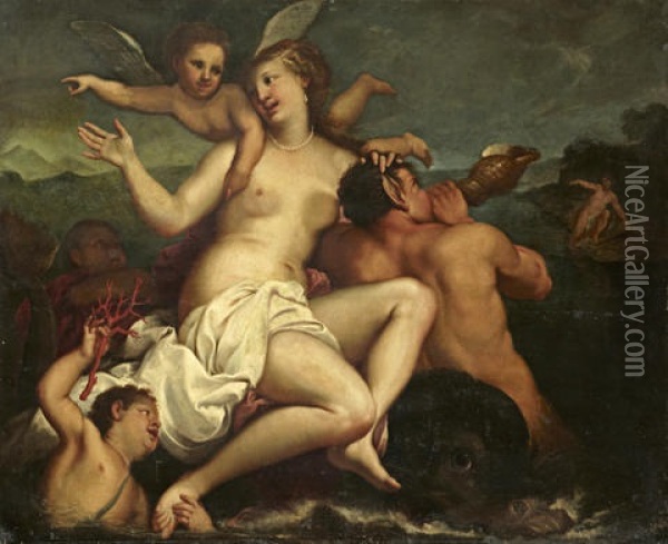 Galatea On A Dolphin With Tritons And Putti Oil Painting - Gregorio Lazzarini