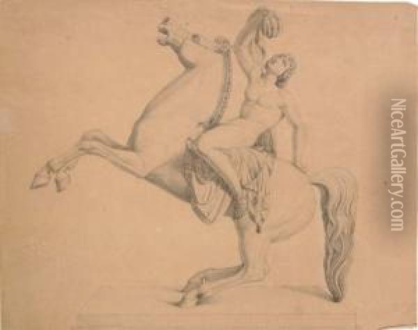 A Nude Astride A Rearing Horse, After A Sculptural Frieze (?) Oil Painting - Bertel Thorvaldsen