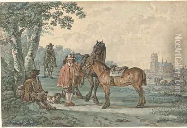 Horsemen on a path with Dordrecht in the distance Oil Painting - Jacob van Strij