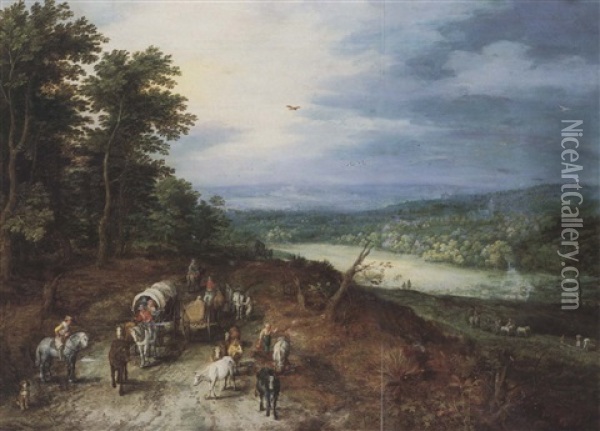 An Extensive Wooded Lanscape With Covered Wagons, A Cart,   Cattle And Other Traffic Alonga Country Road, Oil Painting - Jan Brueghel the Elder