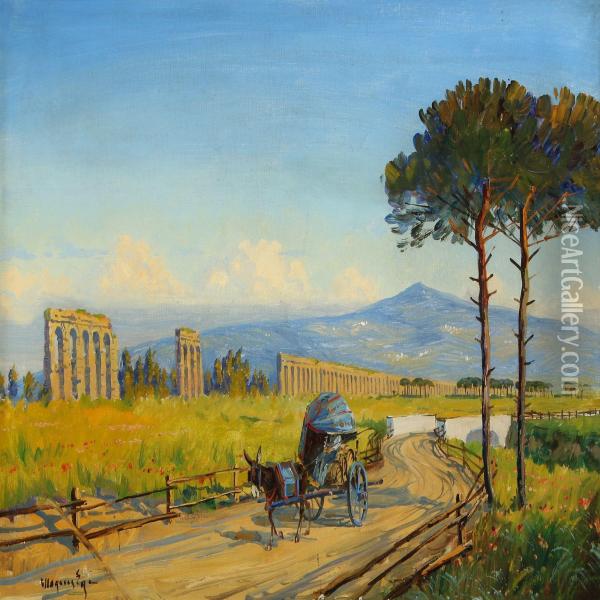 Scenery With Aqueduct And Donkey Cart On A Gravel Road Oil Painting - Mogens Ege