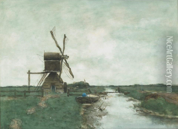 Dutch Landscape With A Farmer In His Boat By Awindmill Oil Painting - Victor Bauffe