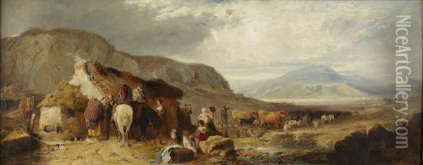 A Highland Landscape With Figures And Animals By A Cottage Oil Painting - Charles Hoguet