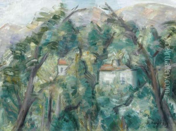 Bergige Waldlandschaft Mit Zwei Hausern Oil Painting - Oskar Wilhelm Luthy