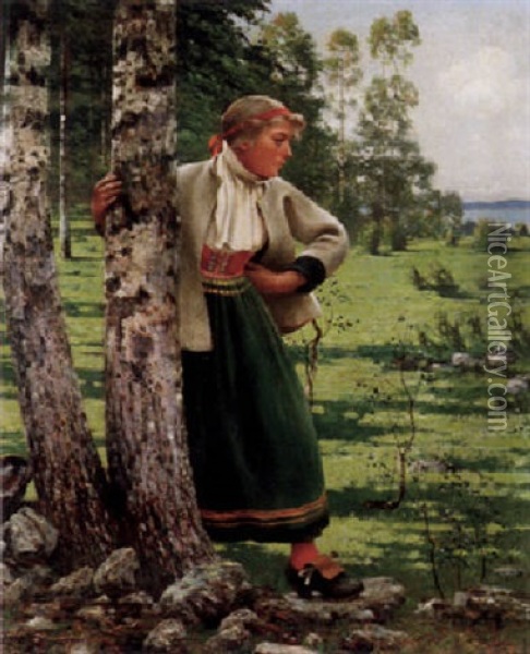Kvinna I Folkdrakt Vid Trad Oil Painting - August Vilhelm Nikolaus Hagborg