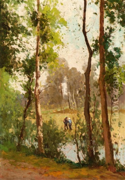 Two Wanderers In A Light Birch Forest Oil Painting - Theophile De Bock