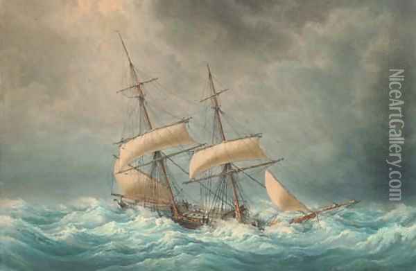 The Francois-Georges reefed down in heavy seas Oil Painting - Francois Geoffroy Roux