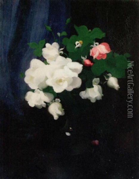 White And Pink Roses In A Vase Oil Painting - Stuart James Park