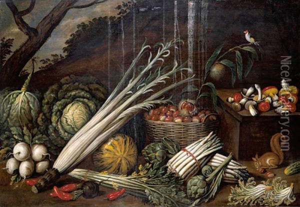 Still Life With Cabbages, Asparagus, A Basket Of Chestnuts, Celery, Mushrooms And Other Vegetables, A Squirrel Eating A Chestnut And A Finch On A Branch, A Landscape Beyond Oil Painting - Giacomo Legi