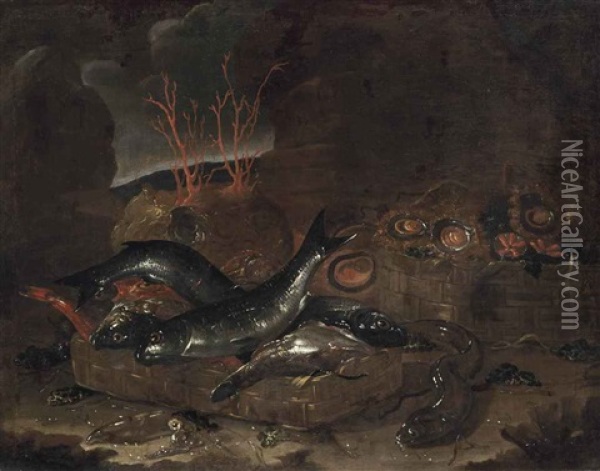 A Basket Of Fish, An Eel, Shellfish And Coral In A Cave Oil Painting - Giuseppe Recco
