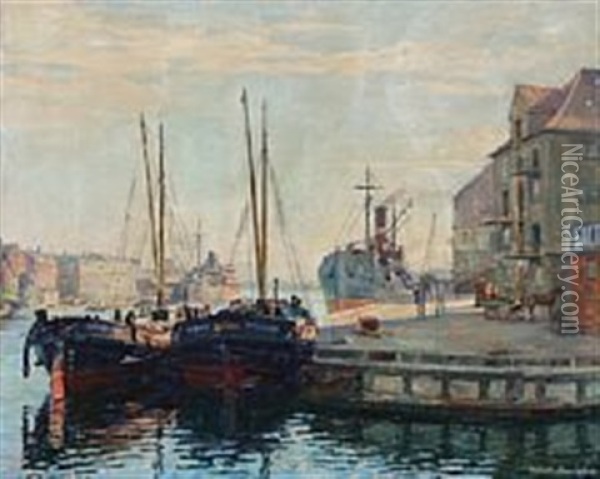 Three Harbour Scenes With Fishing Vessels (3 Works, Various Sizes) Oil Painting - Robert Panitzsch