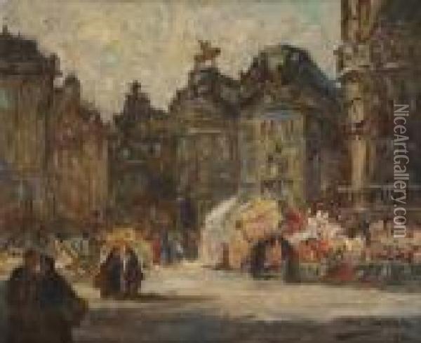 Marche Aux Fleurs A La Grand Place De Bruxelles Oil Painting - Armand Jamar