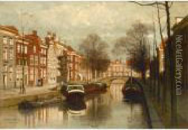 Figures By A Canal In A Dutch Town Oil Painting - Johannes Christiaan Karel Klinkenberg