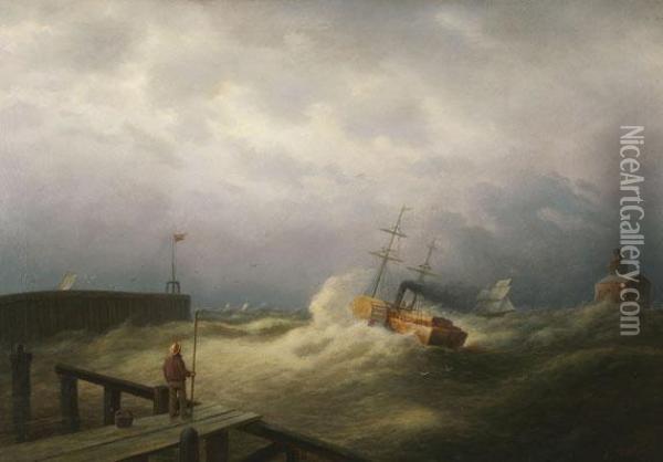 Raddampfer Vor Einer Hafenmole Oil Painting - Joseph Walter