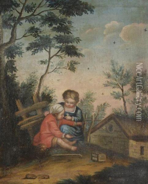 Children Playing Near A Cottage Oil Painting - Francois Boucher