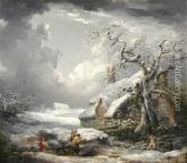 Faggot Gatherers In The Snow With Thatched Cottage Oil Painting - George Morland