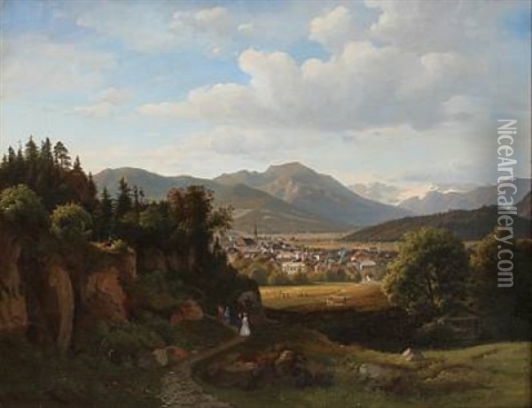 View Of A Town In Southern Germany, In The Foreground People Taking A Walk Oil Painting - Johann Georg Paul Mohr
