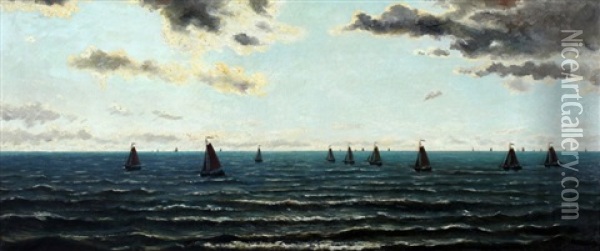 Zeegezicht Met Negen Schepen Oil Painting - Hendrik Willem Mesdag
