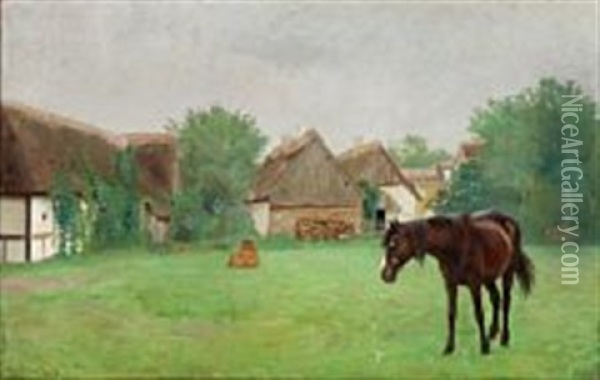A Horse Grazing In Front Of Thatched Farmhouses Oil Painting - Ole Pedersen