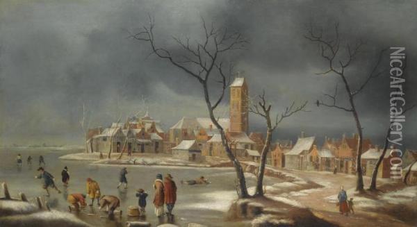 A Winter Landscape With Figures Playing Oil Painting - Jan Abrahamsz. Beerstraaten
