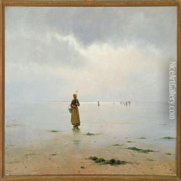 A Fisherman's Wife On A Beach In Brittany Oil Painting - Holger Peter Svane Lubbers