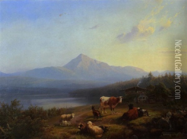 Alpenseelandschaft Mit Weidendem Vieh In Der Morgensonne Oil Painting - Adolf Nickol