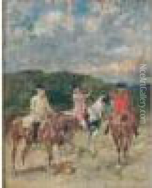 Trois Cavaliers Sous Le Regne De Louis Xv Dans Un Paysage Oil Painting - John Lewis Brown