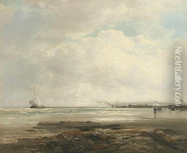 Coastal Landscape With Barge And Windmill Oil Painting - James Webb