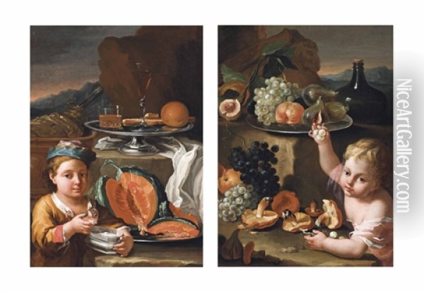 A Boy In A Rocky Landscape Eating A Pumpkin On A Silver Platter, With An Orange, Glasses And Sweatmeats On A Silver Tray On A Partly Draped Ledge, Beside A Wine Jug In A Bowl (+ A Boy Eating Grapes With Mushrooms And Peaches In A Rocky Landscape, With Fig Oil Painting - Giuseppe Maria Crespi
