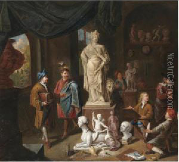 A Patron Surveying A Sculptor's Studio Oil Painting - Nicolaes Van Den Bosch