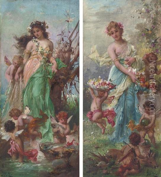 Fruits Of The Sea; And An Allegory Of Summer Harvest Oil Painting - Hans Zatzka