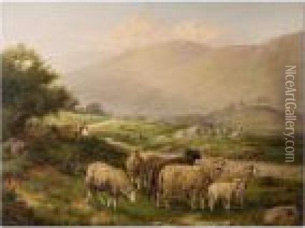 Sheep In A Welsh Landscape Oil Painting - William Henry Mander