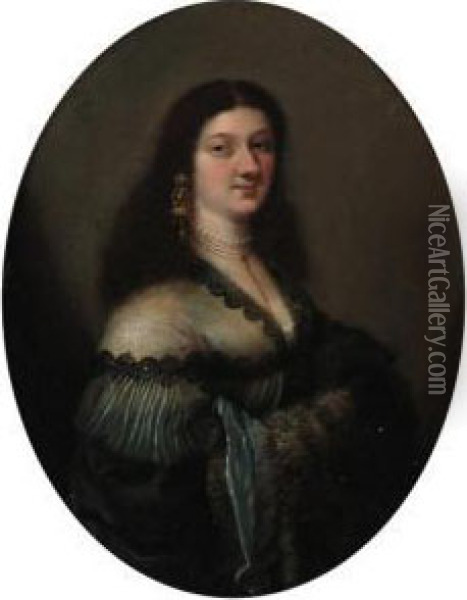 Portriat Of A Lady, Half-length,
 In A Blue Satin Dress With A Furmuff; And Portrait Of A Lady, 
Half-length, In A Grey Dress With Alace Collar Oil Painting - Girolamo Forabosco