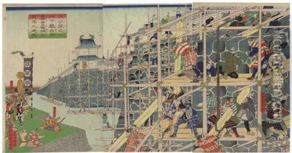 Konoshita Tokichiro Supervising The Construction Of Kiyosujo Castle Oil Painting - Sadahide Hashimoto