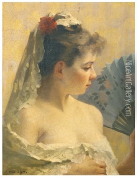 Jeune Femme A La Mantille Et Eventail Oil Painting - Fanny Laurent Fleury
