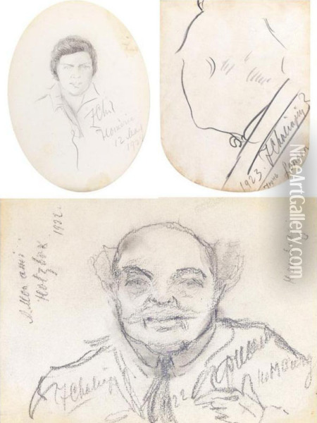 A Group Of Four Portrait Sketches, Comprising Two Self Portraits, 1923 & ?, A Drawing Of A Man Inscribed 'to My Friend Holzbach', 1922, And Another Male Portrait, 1924 Oil Painting - Fedor Ivanovich Chaliapin