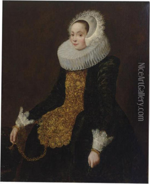 Portrait Of A Lady Wearing A Black And Gold Embroidered Dress Oil Painting - Jan Anthonisz Van Ravesteyn