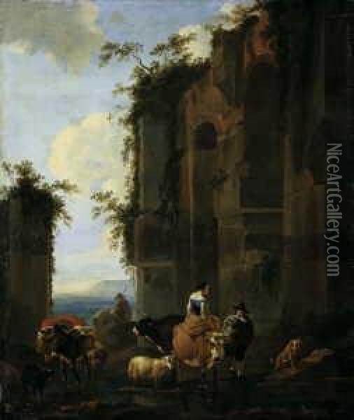 Hirten Vor Romischen Ruinen. Oil Painting - Nicolaes Berchem