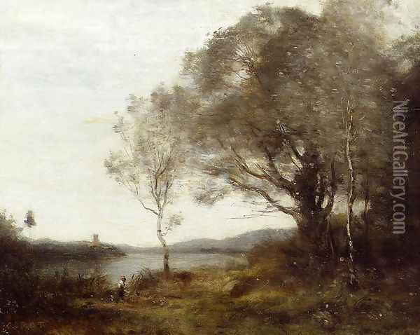 Strolling along the Banks of a Pond Oil Painting - Jean-Baptiste-Camille Corot