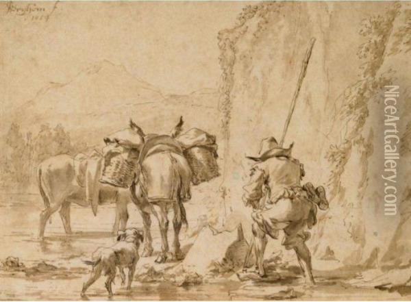 Viandante Che Attraversa Un Ruscello Con Cane E Due Asini Oil Painting - Nicolaes Berchem