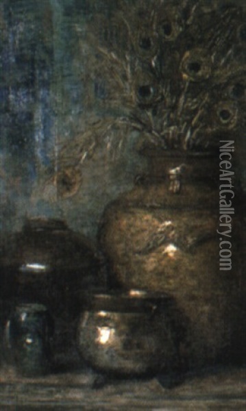Peacock Feathers In A Ceramic Urn Oil Painting - Anna Adelaide Abrahams