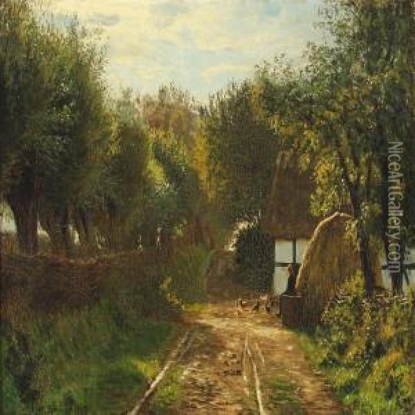 Farm Exterior With Young Girl Sitting In The Sun Looking Atthe Hens Oil Painting - Johannes Herman Brandt