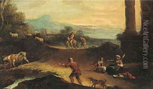 An extensive landscape with shepherds and other figures by classical ruins Oil Painting - Marco Ricci