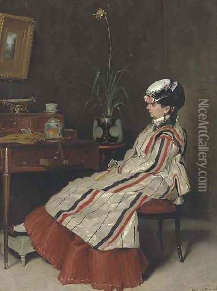 A Woman in a Striped Jacket at a Writing Desk Oil Painting - Henri Rene Gaume