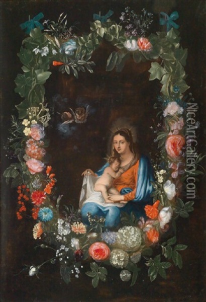 Madonna Mit Kind In Einem Blumenkranz Oil Painting - Catharina Ijkens