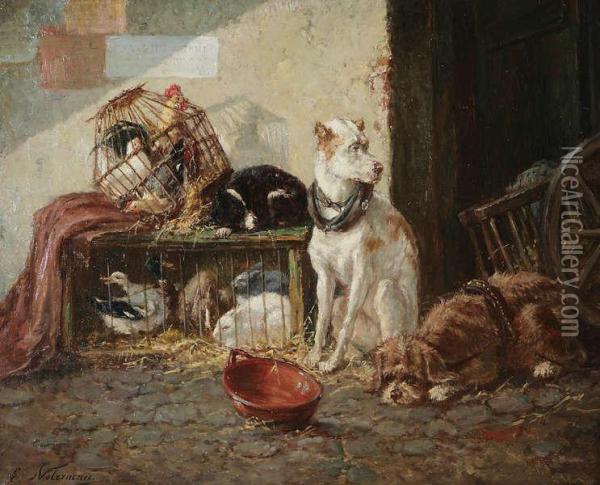 Honden, Konijnen En Kippen. Oil Painting - Emmanuel Noterman