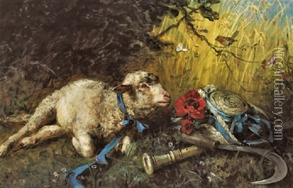 Liegendes Lammchen Mit Blauem Band Neben Strohhut Oil Painting - Paul Friedrich Meyerheim