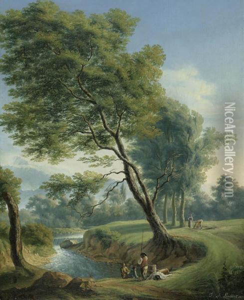 Flusslandschaft Mit Anglern. Oil Painting - Jean Antoine Laurent